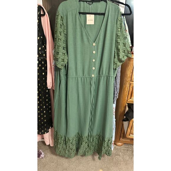 5X 28 Plus Size BloomChic Green V Neck Pocket Midi Dress Ruffle Sleeve Cotton - Picture 5 of 5